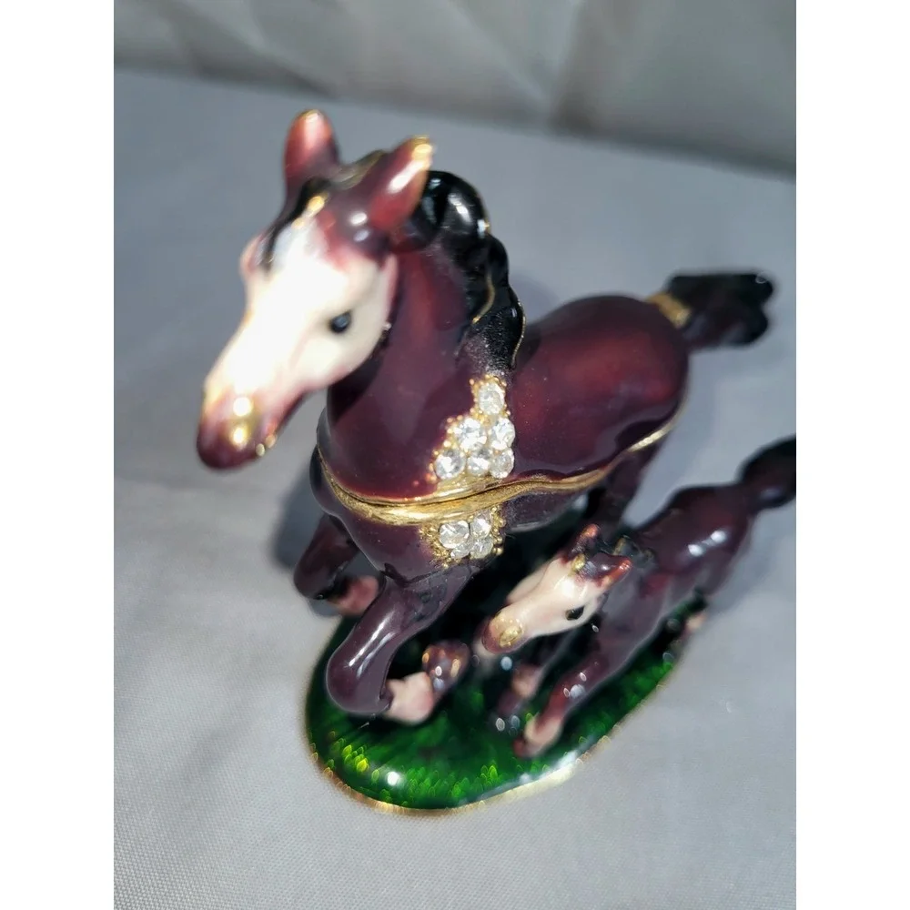 Enamel Metal Horse & Foal Hinged Trinket Box w/ Rhinestones Purple Green Base